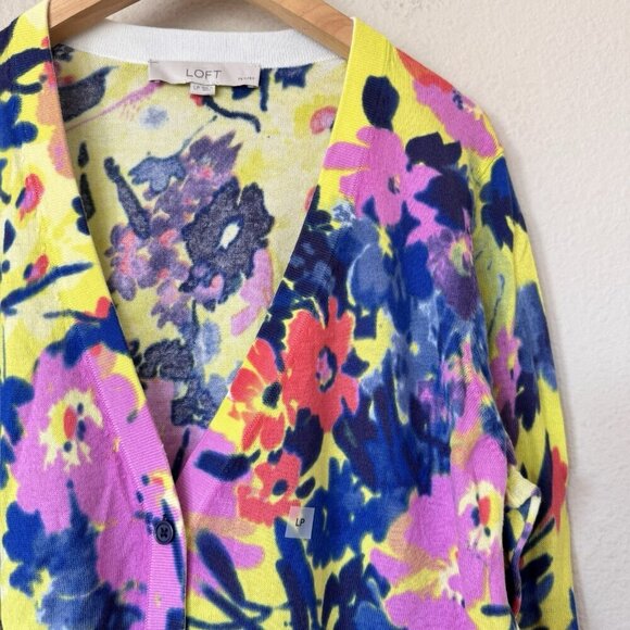 LOFT Womens Floral Cotton Sweater Cardigan V Neck Yellow Pink Petite Size LP - Picture 3 of 7
